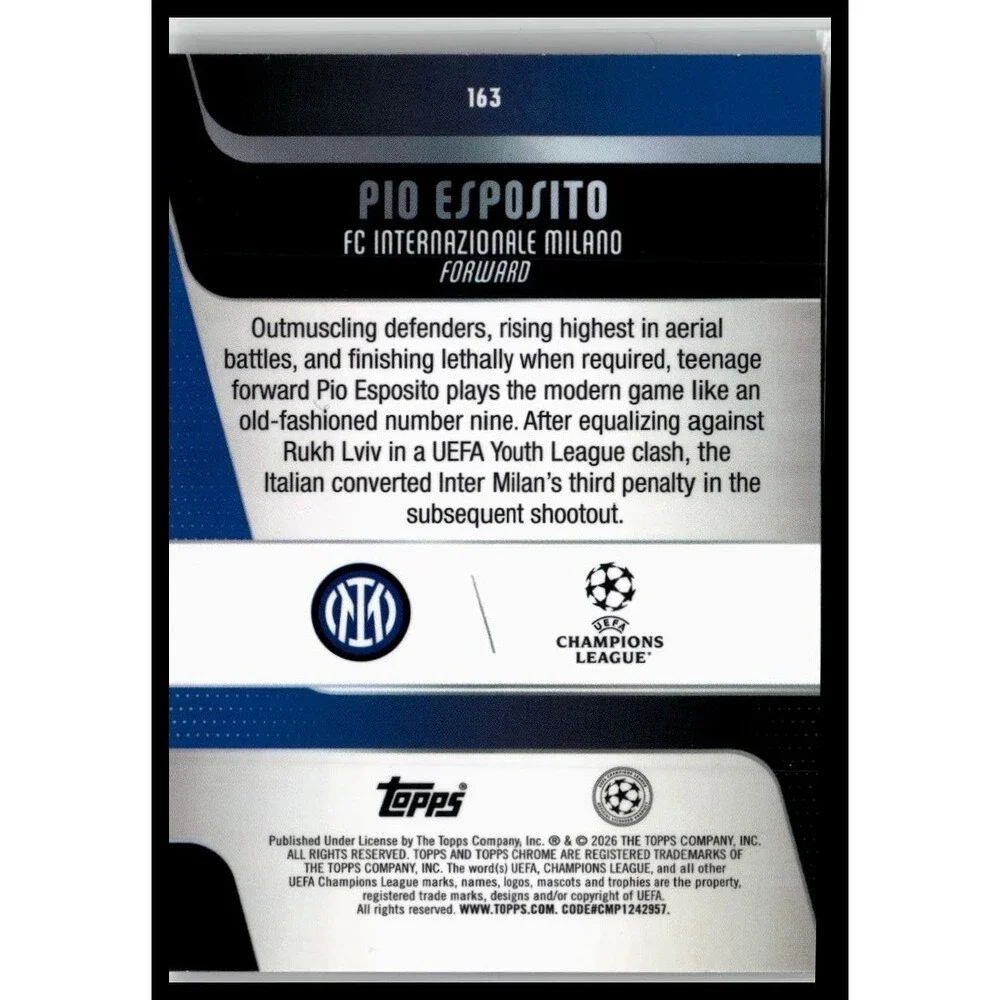 2025-26 Topps Chrome UEFA Pio Esposito #163 Inter Milan Rookie